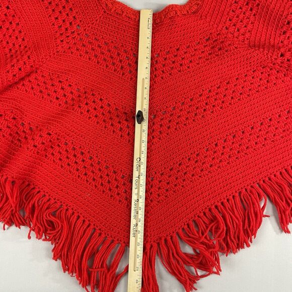 Vintage Large Hand Crochet Poncho Wrap with Fringes Women's Red Iconic Retro - Picture 8 of 16